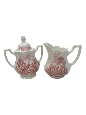 J&G Meakin Romantic England Red Transferware Sugar Bowl & Creamer Set